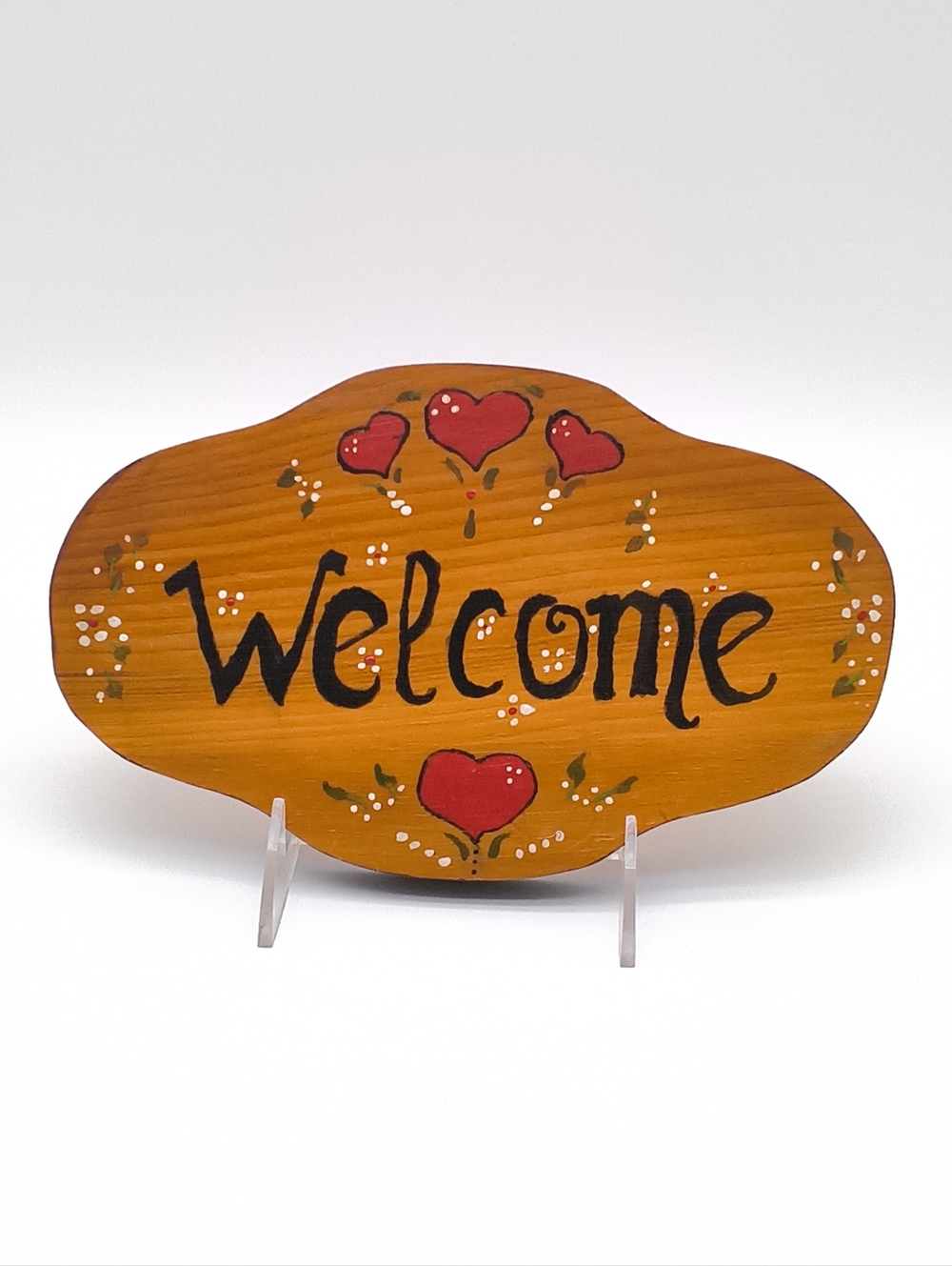 Hand-Painted Folk-Art Wooden "Welcome" Sign with Red Hearts